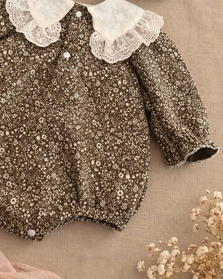 Brown Vintage Floral Linen Gauze Baby Romper Set Newborn–12 Months | Lace Collar Romper with Matching Bonnet