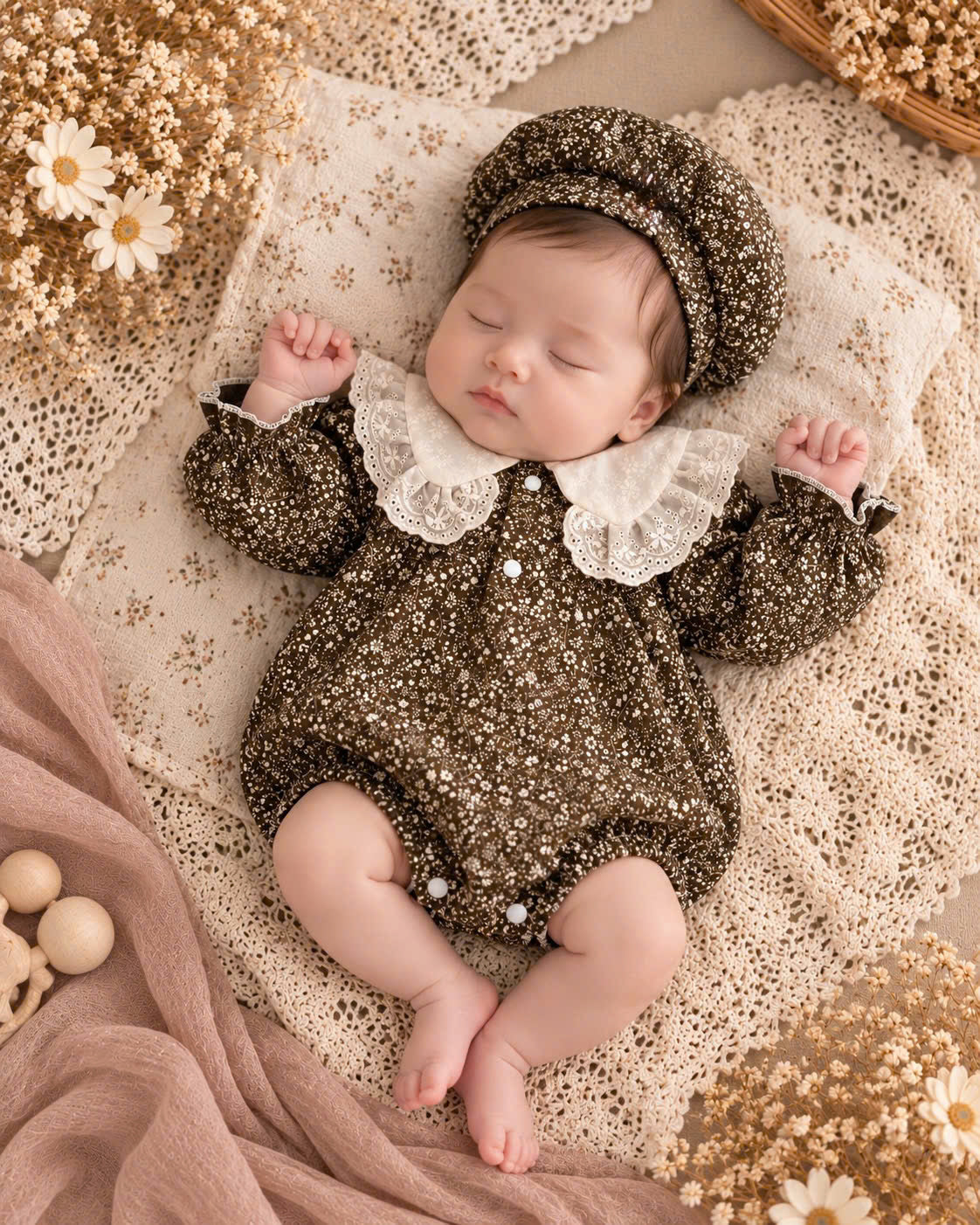 Brown Vintage Floral Linen Gauze Baby Romper Set Newborn–12 Months | Lace Collar Romper with Matching Bonnet