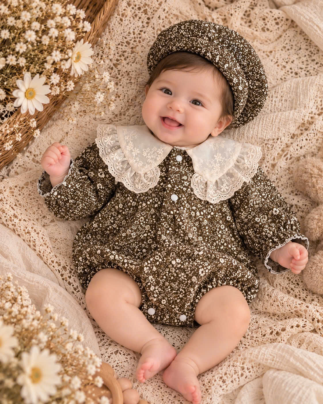 Brown Vintage Floral Linen Gauze Baby Romper Set Newborn–12 Months | Lace Collar Romper with Matching Bonnet