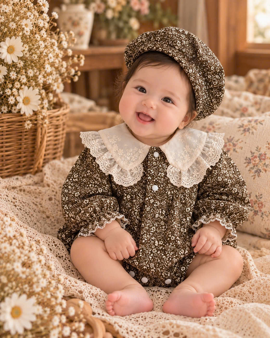 Brown Vintage Floral Linen Gauze Baby Romper Set Newborn–12 Months | Lace Collar Romper with Matching Bonnet