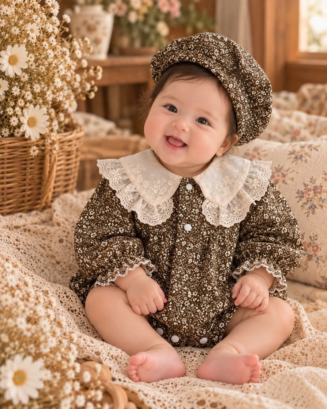 Brown Vintage Floral Linen Gauze Baby Romper Set Newborn–12 Months | Lace Collar Romper with Matching Bonnet