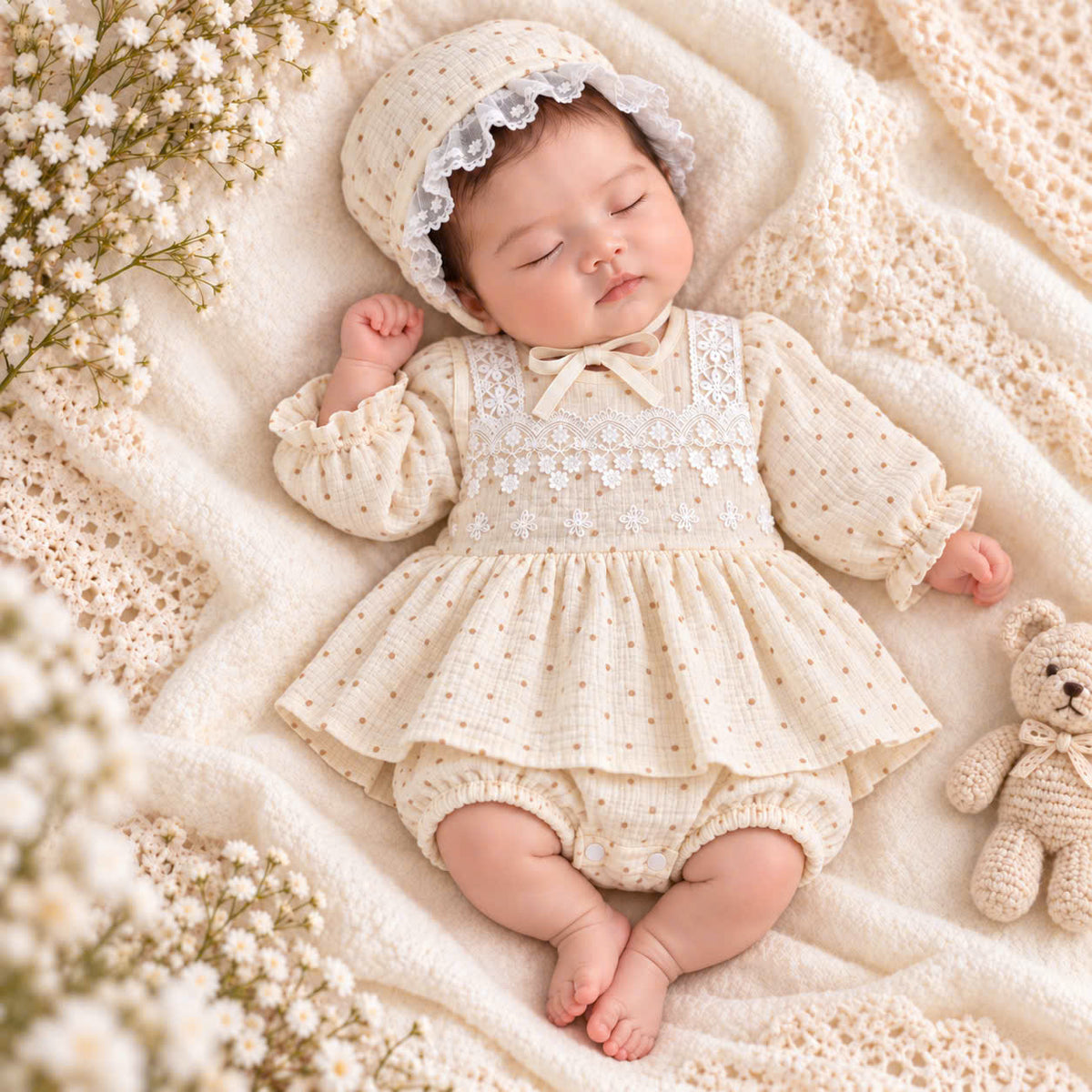 Dotka Cream Heirloom Romper Dress 0–12 Months | Muslin Baby Girl Romper with Bonnet