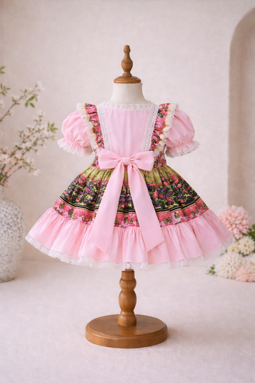 Vintage Floral Pink Dress for Girls – Puff Sleeve Lace Party Dress with Back Bow (1–6 Years)