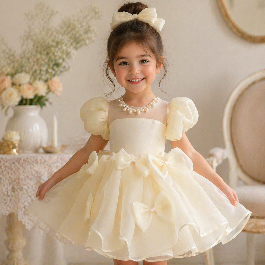 Puff Sleeve Flower Girl Dress – Luxury Baby Birthday Dress, Ivory and White, Tulle Bow Party Dress, Wedding & Special Occasion Outfit (1–6Y)