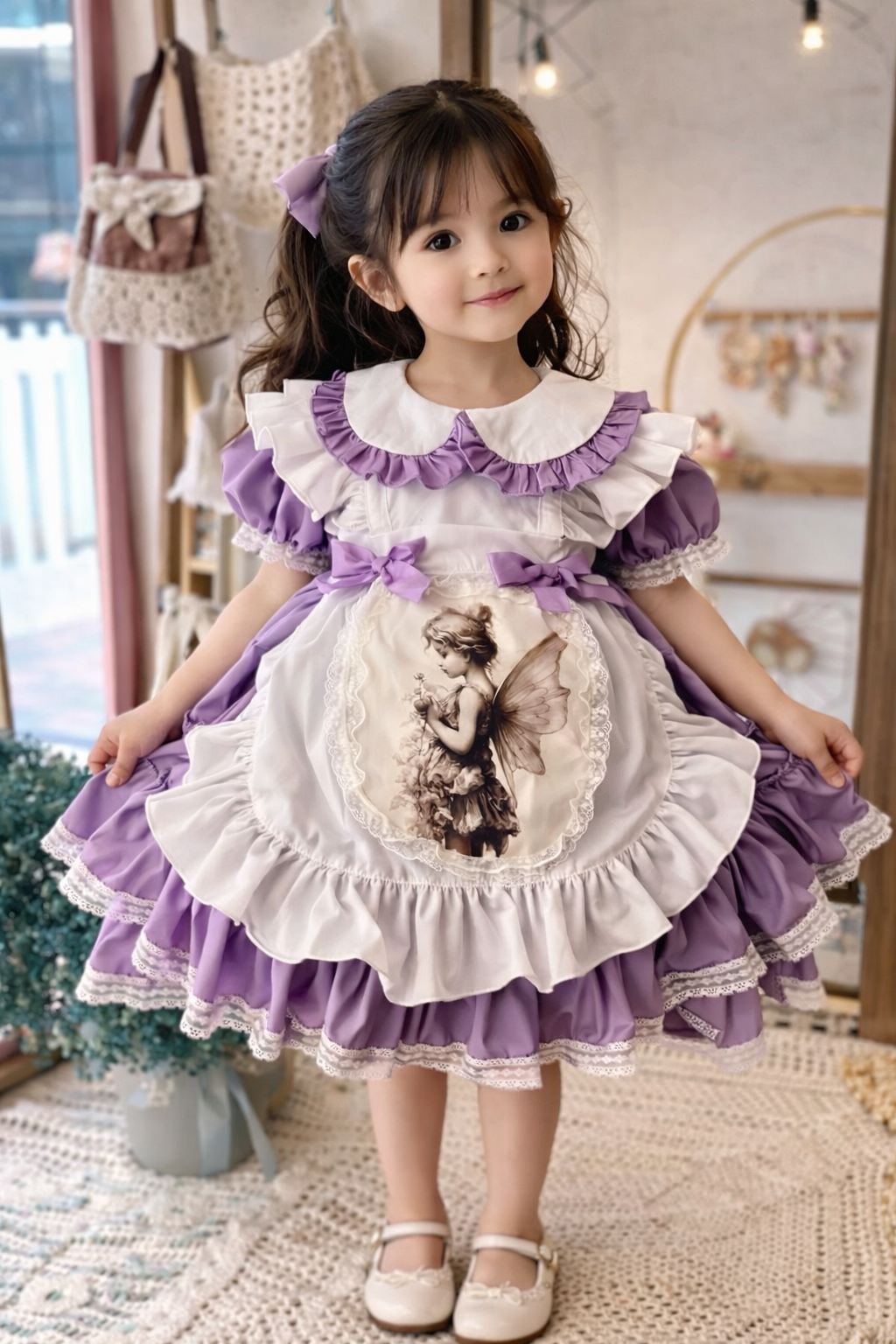 Fairy Lace Dress with Detachable Apron – Purple Vintage Girl Dress (1–6Y)