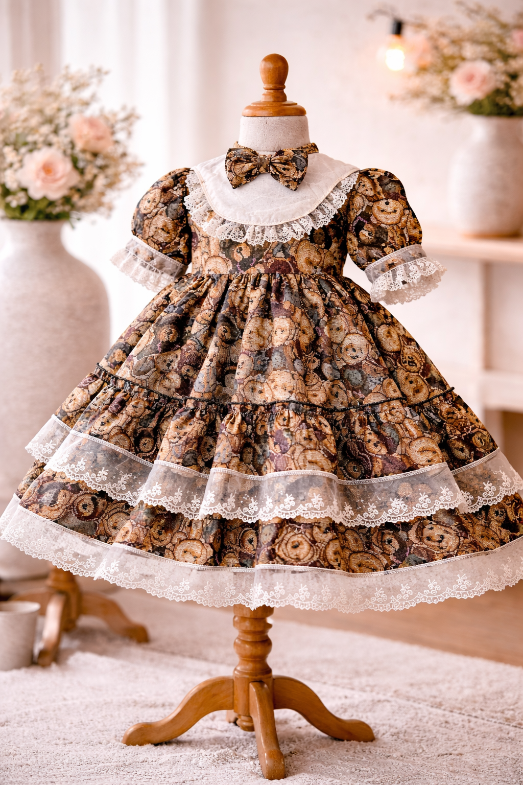 Vintage Teddy Bear Lace Dress – Cottagecore Baby Girl Dress (1–6 Years)
