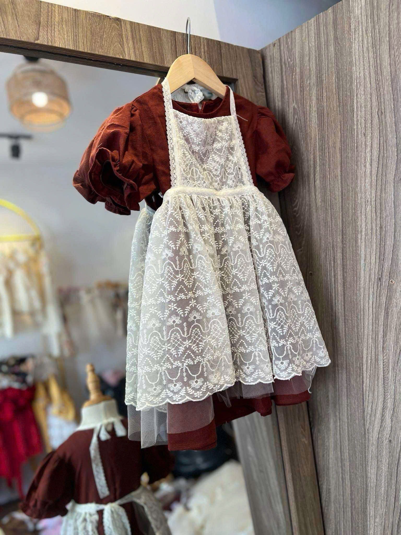 Vintage Lace Apron Dress – Burgundy Puff Sleeve Girl Dress with Bow Back (1–6Y)
