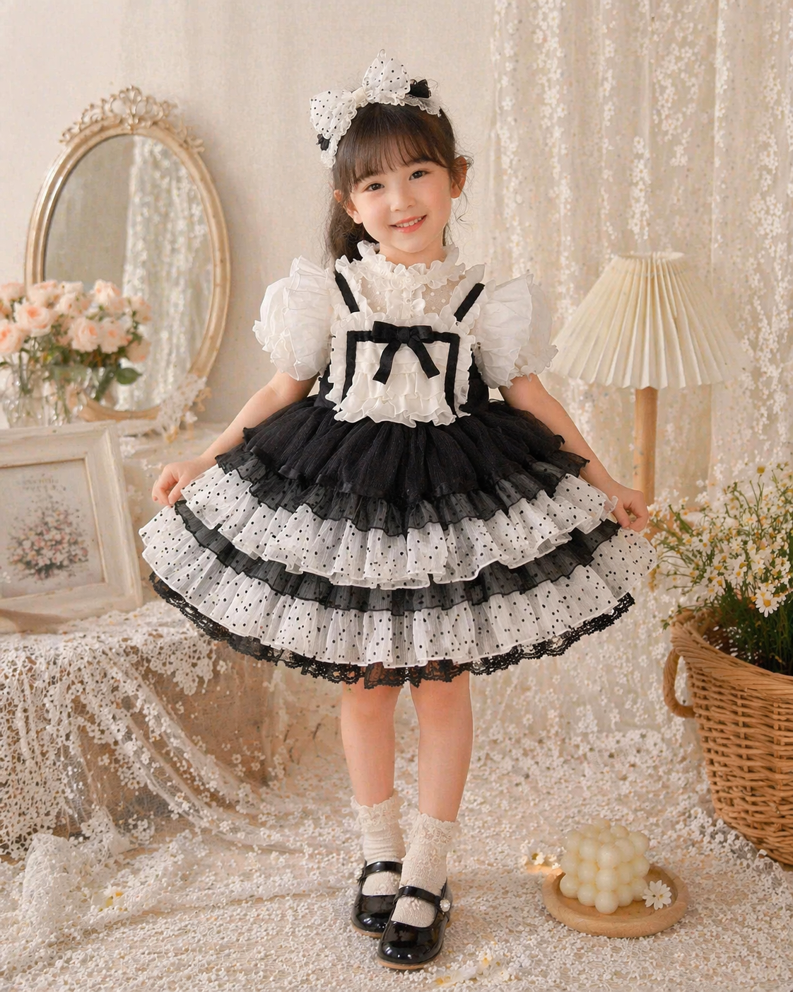 Vintage Black & White Lace Princess Dress | Girls Birthday Party Dress | Lolita Flower Girl Dress (1–6 Years)