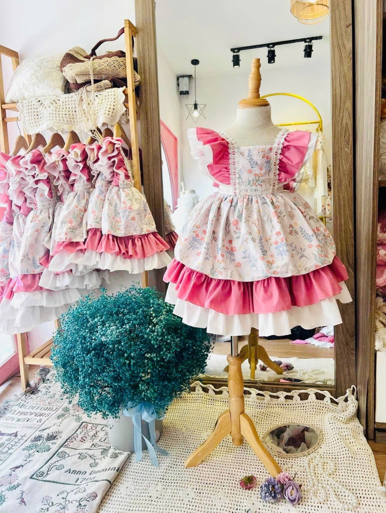 Vintage Floral Ruffle Dress with Bow Back – Pink Cottagecore Party Dress (1Y–6Y)
