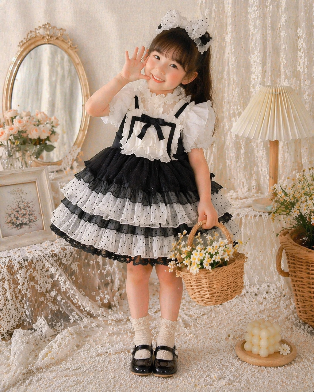 Vintage Black & White Lace Princess Dress | Girls Birthday Party Dress | Lolita Flower Girl Dress (1–6 Years)