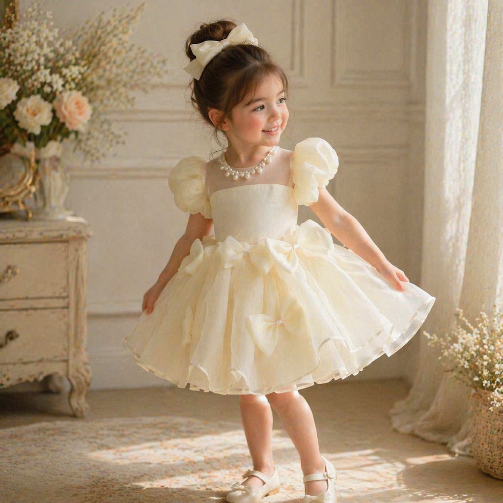 Puff Sleeve Flower Girl Dress – Luxury Baby Birthday Dress, Ivory and White, Tulle Bow Party Dress, Wedding & Special Occasion Outfit (1–6Y)