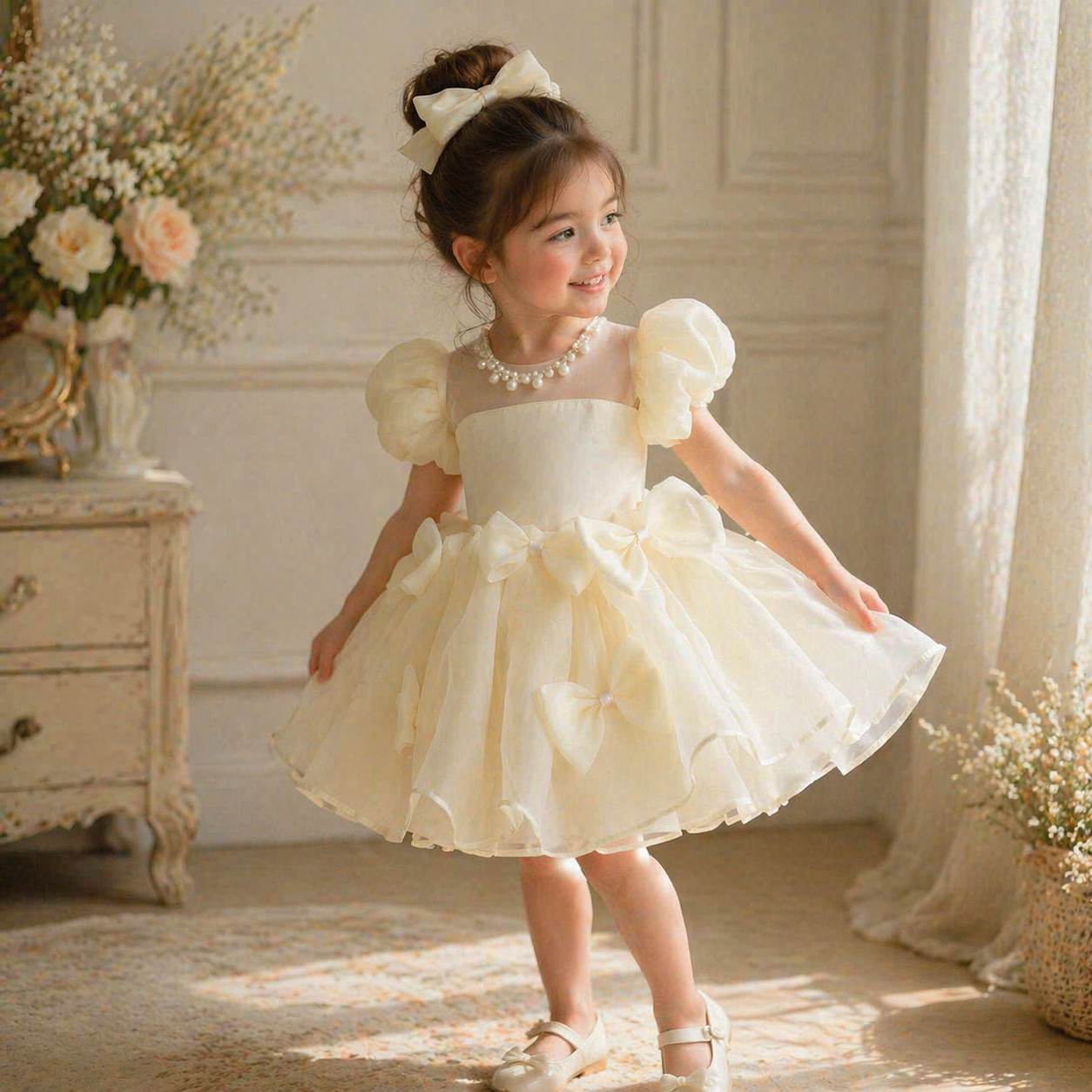 Puff Sleeve Flower Girl Dress – Luxury Baby Birthday Dress, Ivory and White, Tulle Bow Party Dress, Wedding & Special Occasion Outfit (1–6Y)