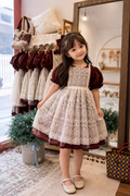 Vintage Lace Apron Dress – Burgundy Puff Sleeve Girl Dress with Bow Back (1–6Y)
