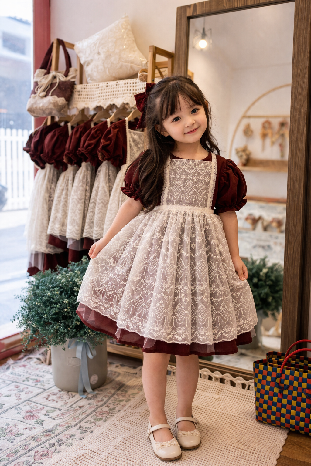 Vintage Lace Apron Dress – Burgundy Puff Sleeve Girl Dress with Bow Back (1–6Y)