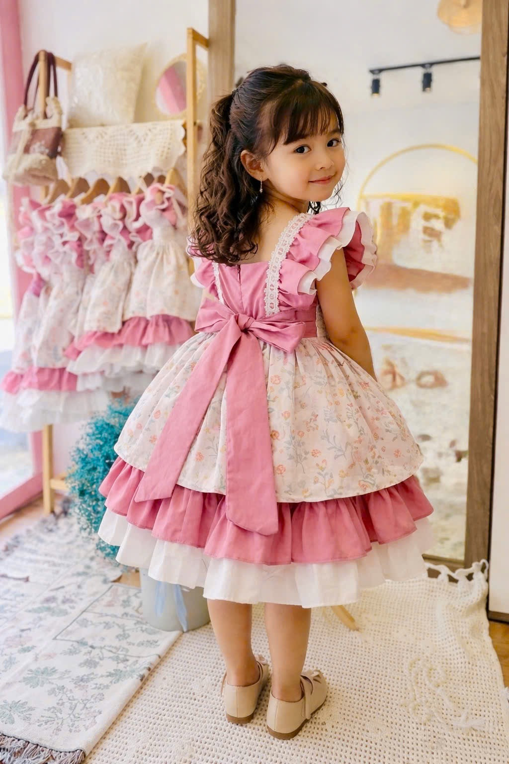 Vintage Floral Ruffle Dress with Bow Back – Pink Cottagecore Party Dress (1Y–6Y)