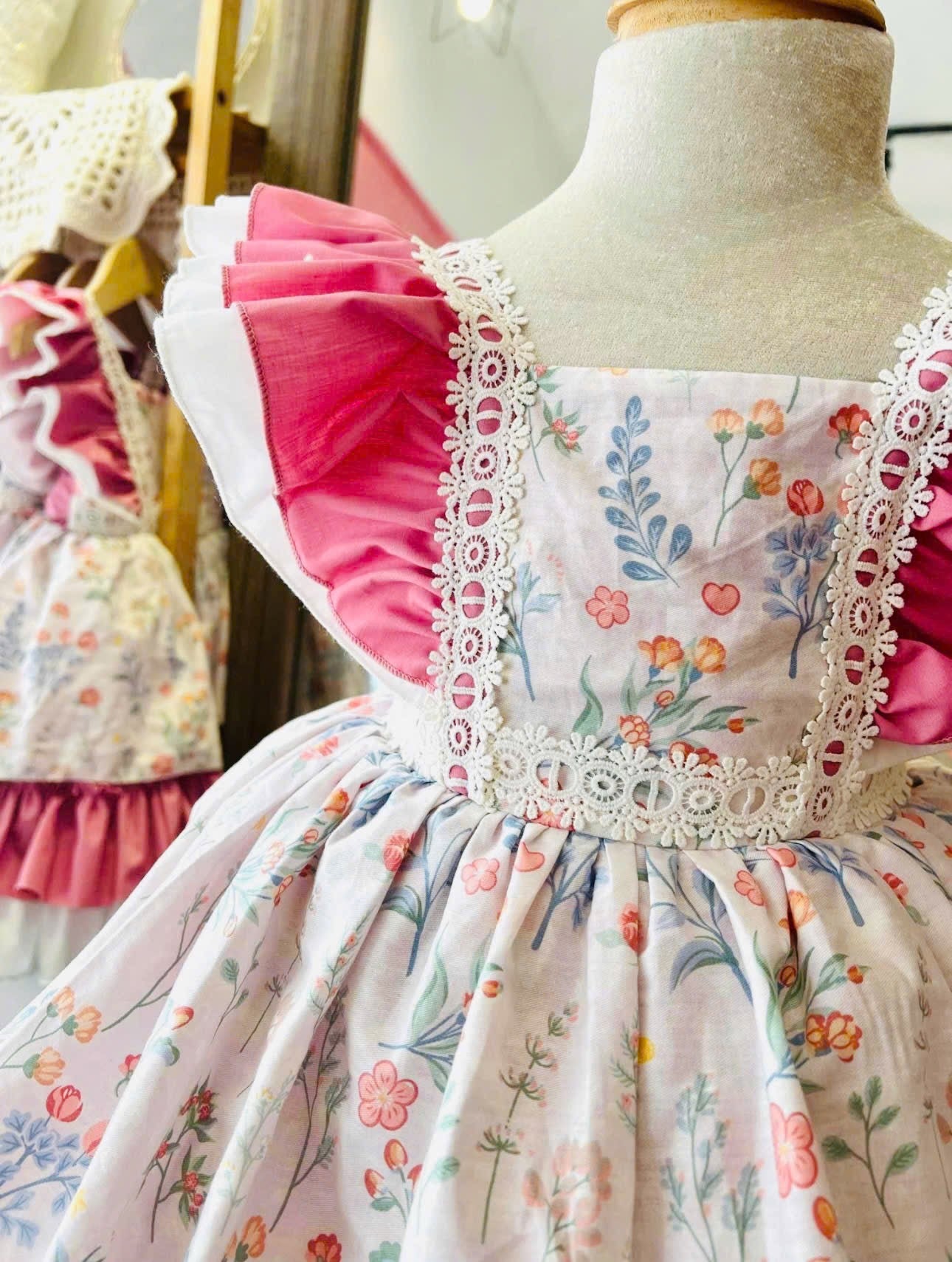Vintage Floral Ruffle Dress with Bow Back – Pink Cottagecore Party Dress (1Y–6Y)