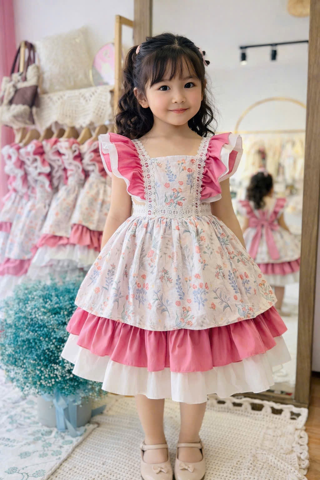 Vintage Floral Ruffle Dress with Bow Back – Pink Cottagecore Party Dress (1Y–6Y)