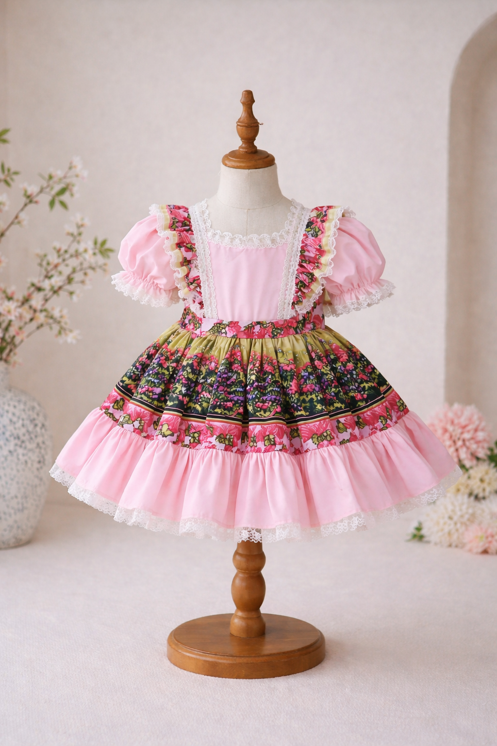 Vintage Floral Pink Dress for Girls – Puff Sleeve Lace Party Dress with Back Bow (1–6 Years)