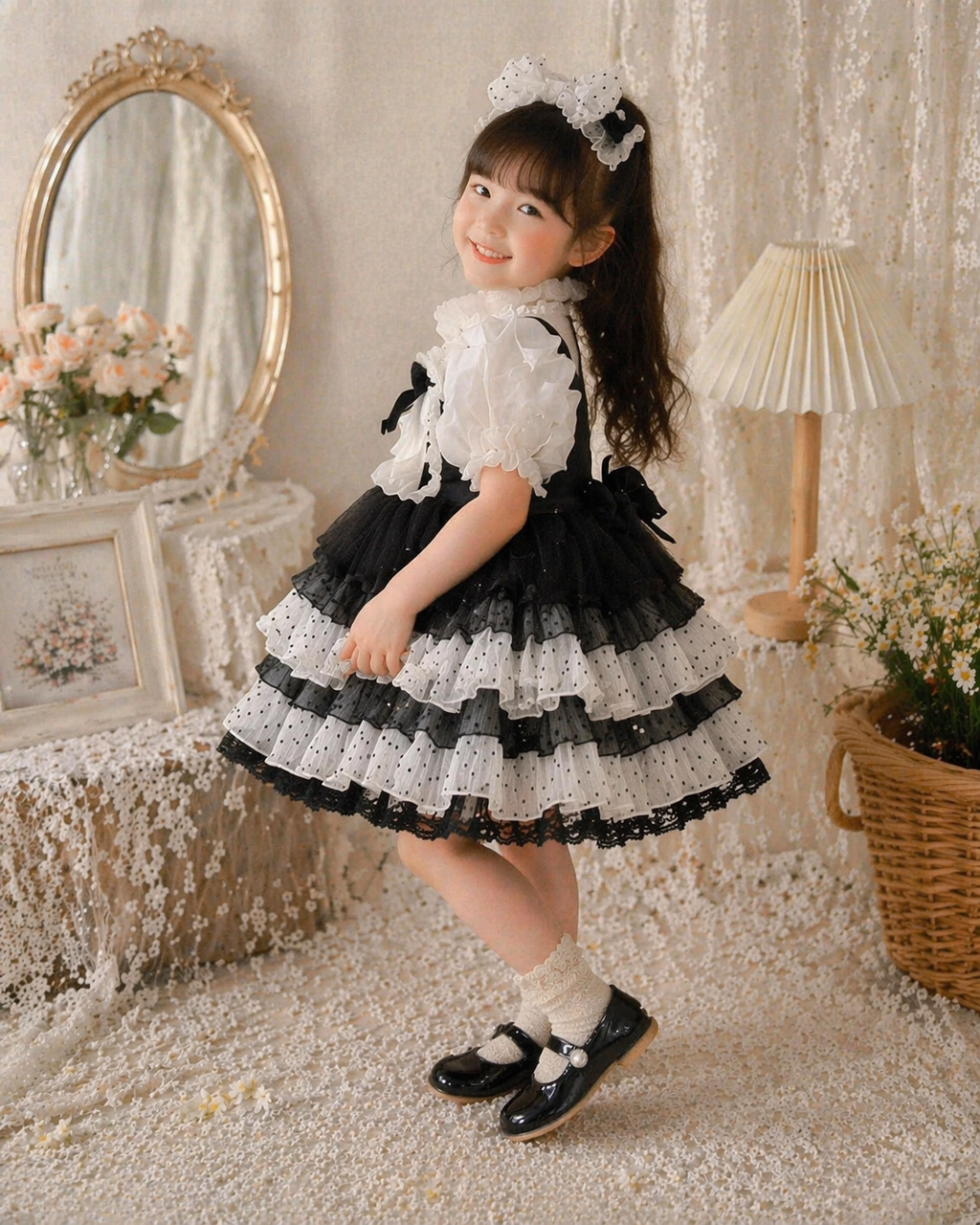 Vintage Black & White Lace Princess Dress | Girls Birthday Party Dress | Lolita Flower Girl Dress (1–6 Years)