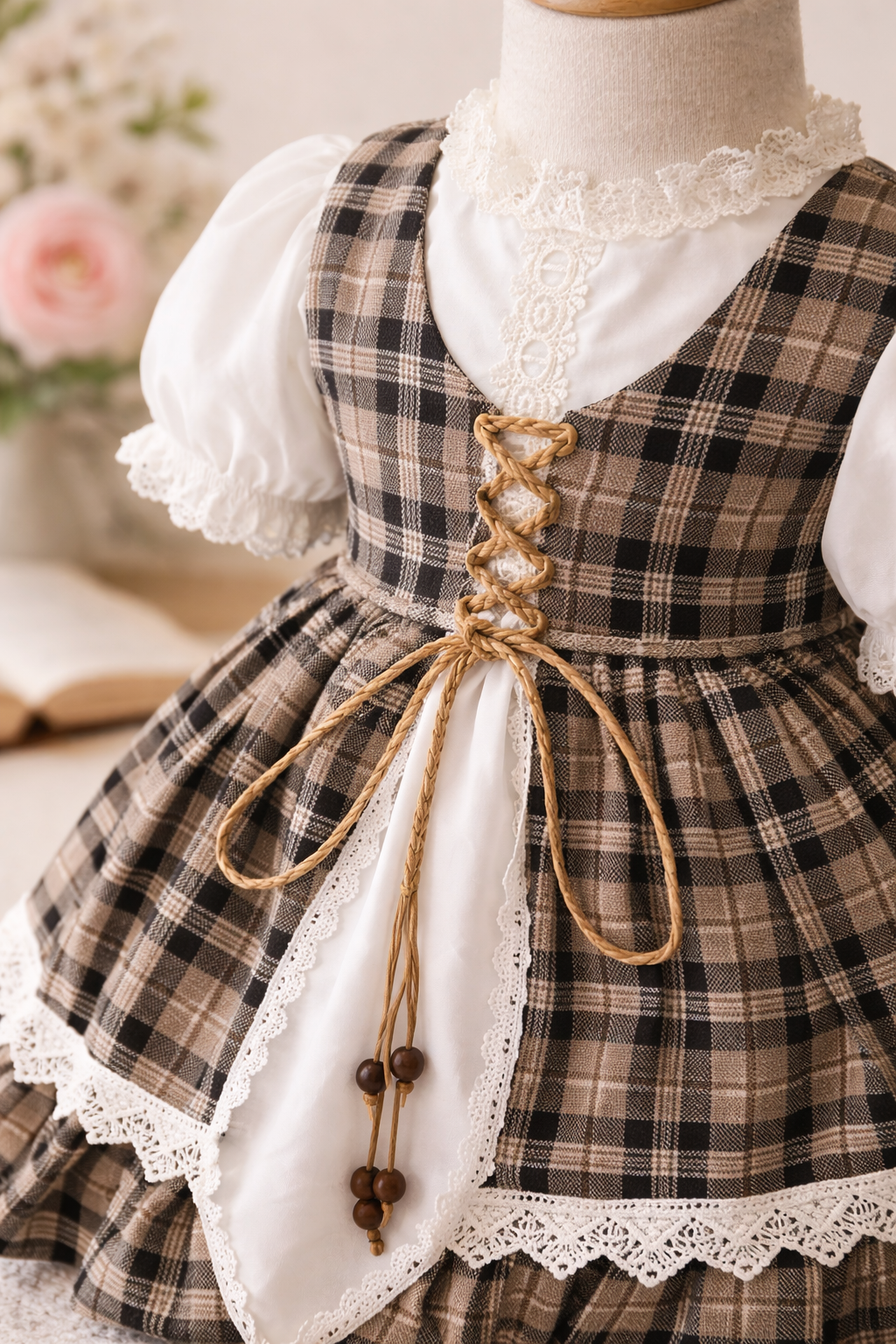 Vintage Plaid Dress for Girls – Lace Puff Sleeve Dress (1–6 Years)