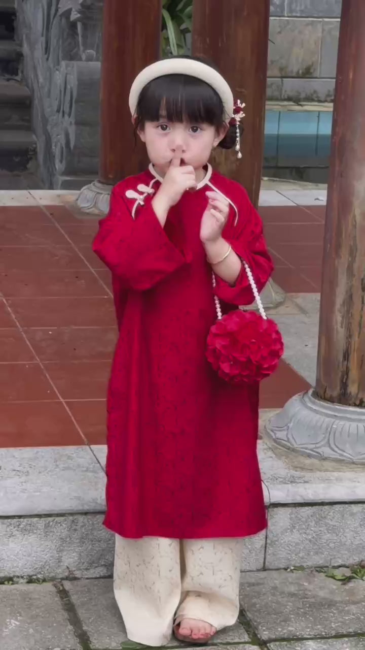 Floral Heritage Áo Dài – Ruby Cream (6Months–8Years) | Floral Brocade Vietnamese Traditional Outfit | Optional Matching Red Mấn Headband