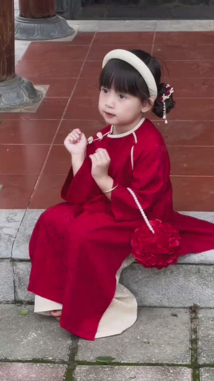 Floral Heritage Áo Dài – Ruby Cream (6Months–8Years) | Floral Brocade Vietnamese Traditional Outfit | Optional Matching Red Mấn Headband