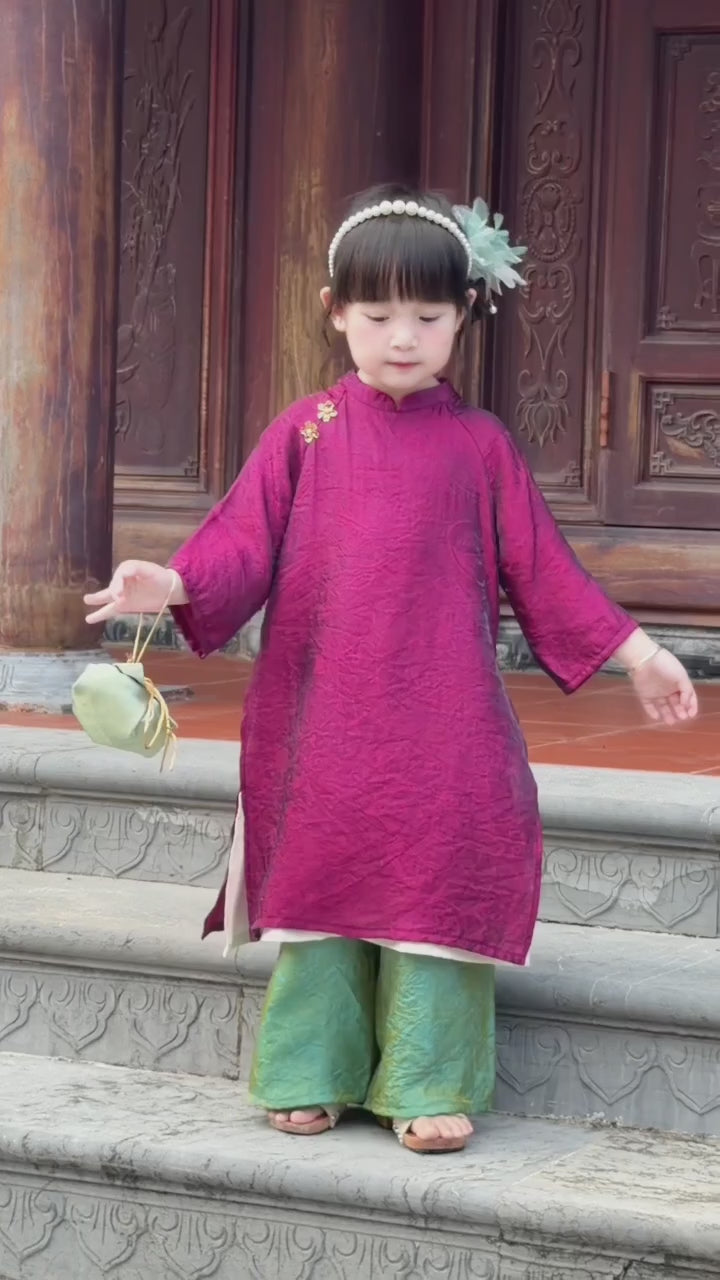 Royal Heritage Áo Dài – Plum Jade (6 Months–7 Years) | Lunar New Year & Cultural Celebrations | Traditional 4-Panel Vietnamese Outfit | Optional Green Headband
