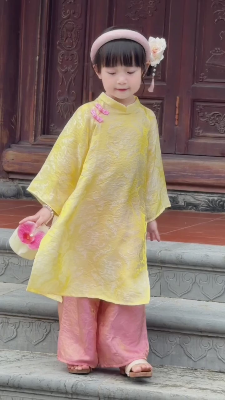 Golden Dawn Áo Dài (6 Months–8 Years) | Shimmering Vietnamese Traditional Outfit | Lunar New Year, Moon Festival & Special Occasion Wear