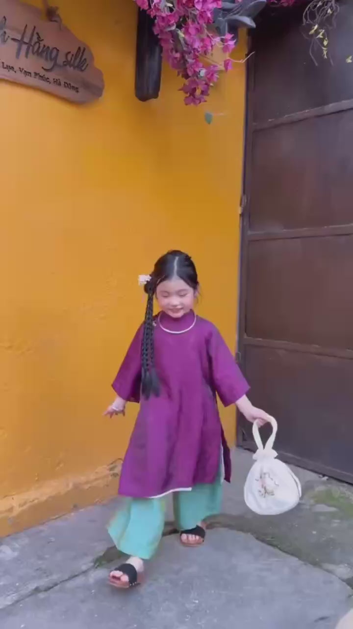 Royal Heritage Áo Dài – Plum Jade (6 Months–7 Years) | Lunar New Year & Cultural Celebrations | Traditional 4-Panel Vietnamese Outfit | Optional Green Headband