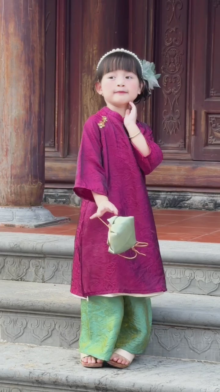 Royal Heritage Áo Dài – Plum Jade (6 Months–7 Years) | Lunar New Year & Cultural Celebrations | Traditional 4-Panel Vietnamese Outfit | Optional Green Headband