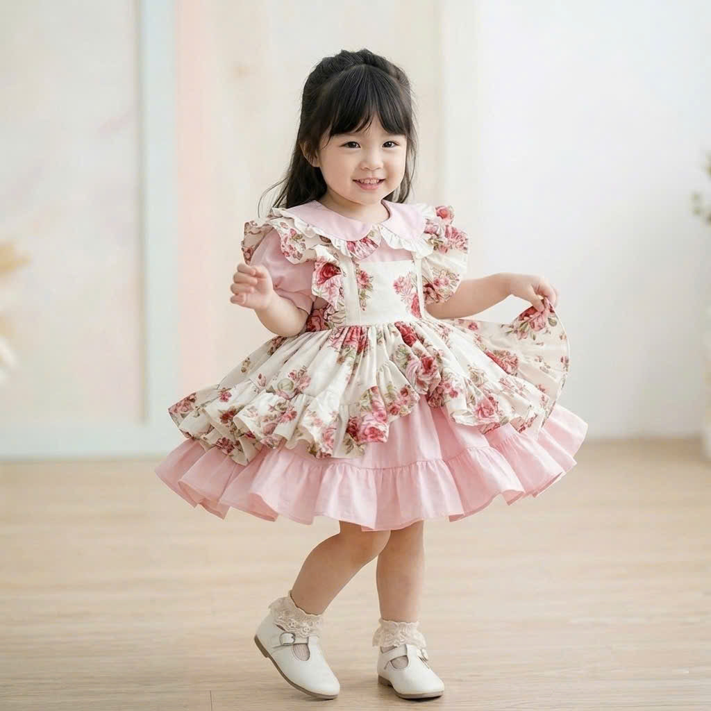 Rose Garden Dress – Vintage Pink Floral Baby Dress for First Birthday & Special Occasions (1–6Y)