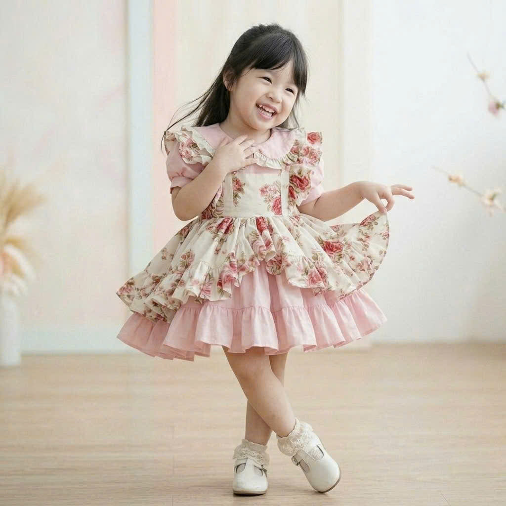Rose Garden Dress – Vintage Pink Floral Baby Dress for First Birthday & Special Occasions (1–6Y)