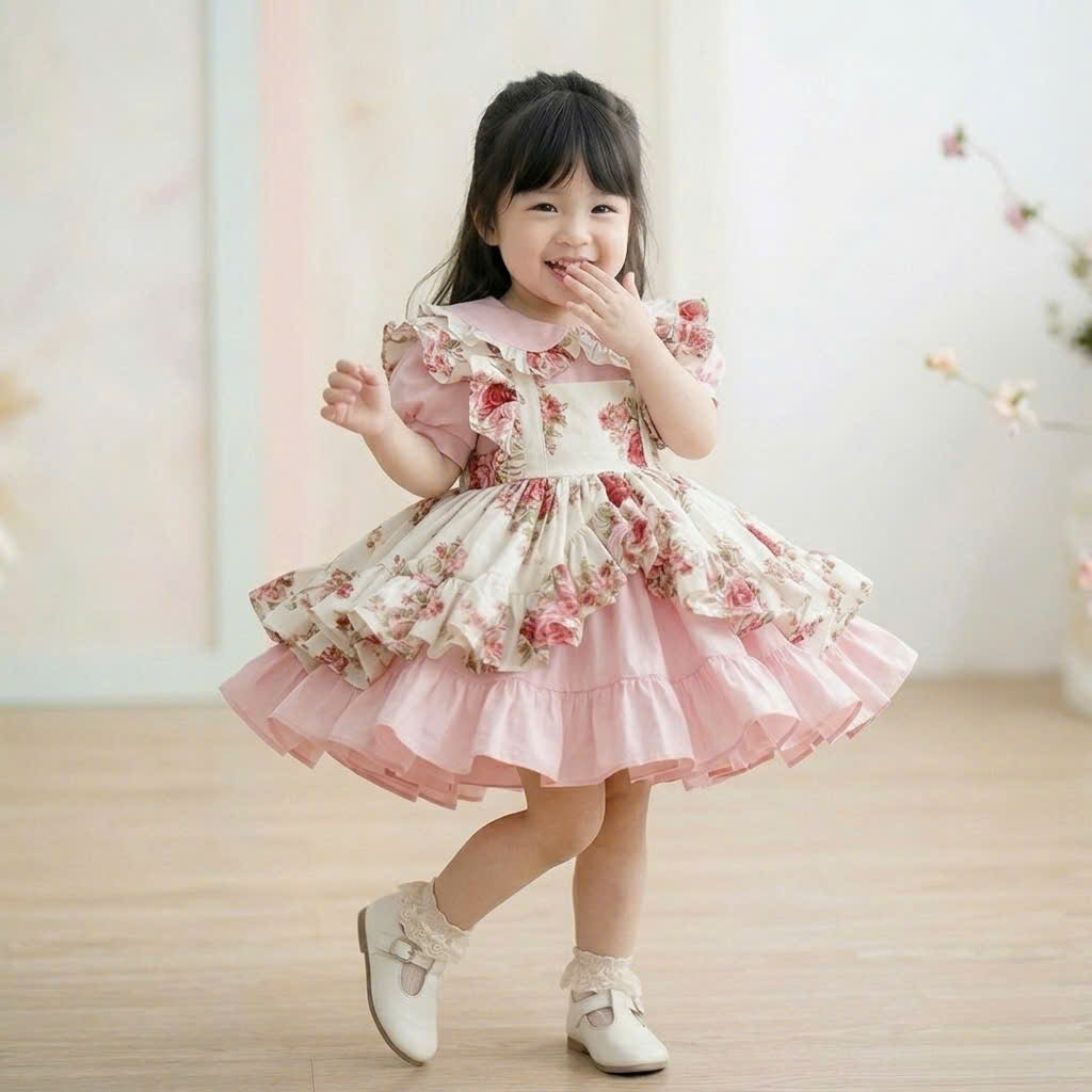 Rose Garden Dress – Vintage Pink Floral Baby Dress for First Birthday & Special Occasions (1–6Y)