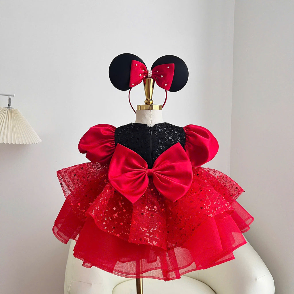 Minnie Inspired Tutu Dress (1–6Y) | Red Burgundy Birthday Outfit with Mouse Ears | Cake Smash Party Dress