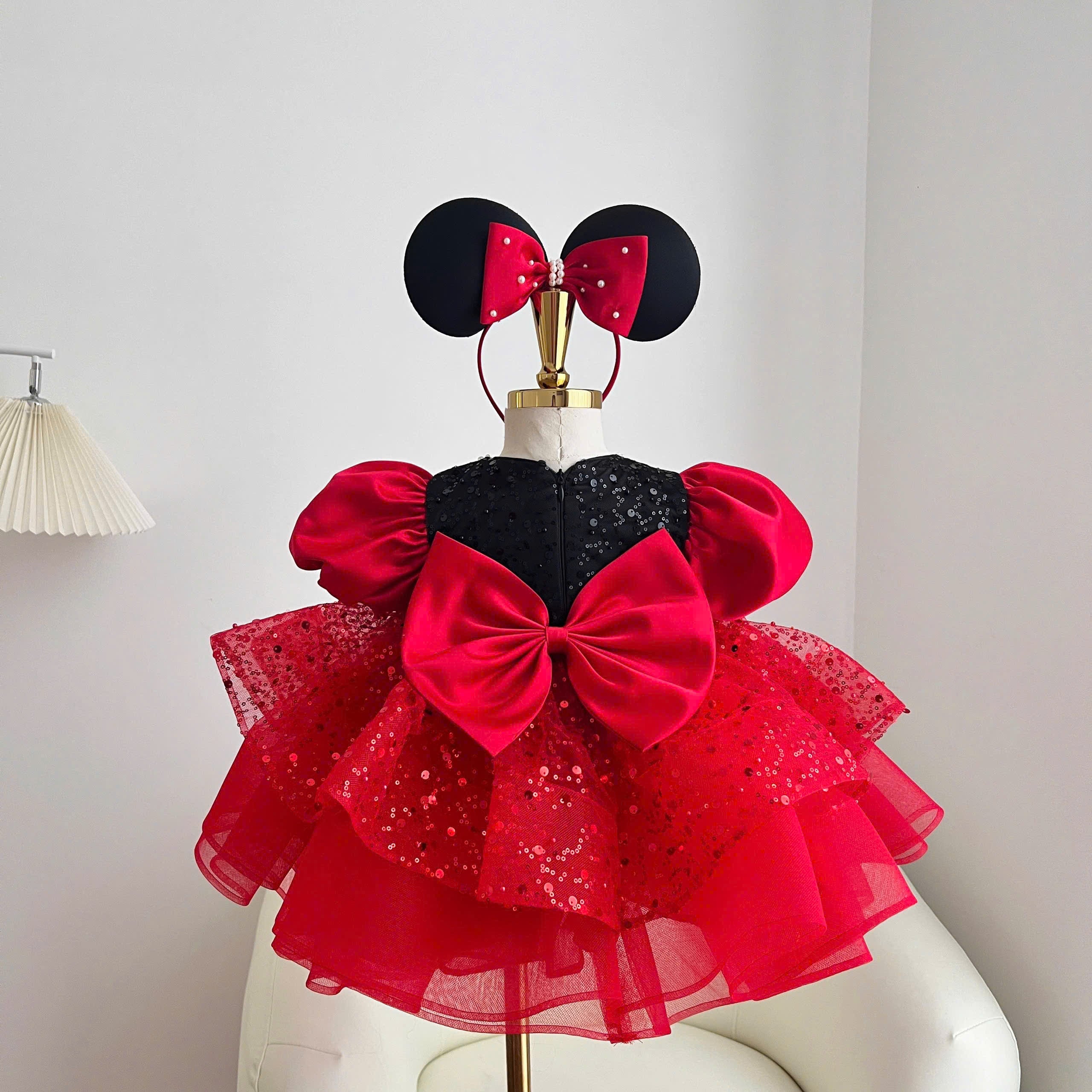 Minnie Inspired Tutu Dress (1–6Y) | Red Burgundy Birthday Outfit with Mouse Ears | Cake Smash Party Dress