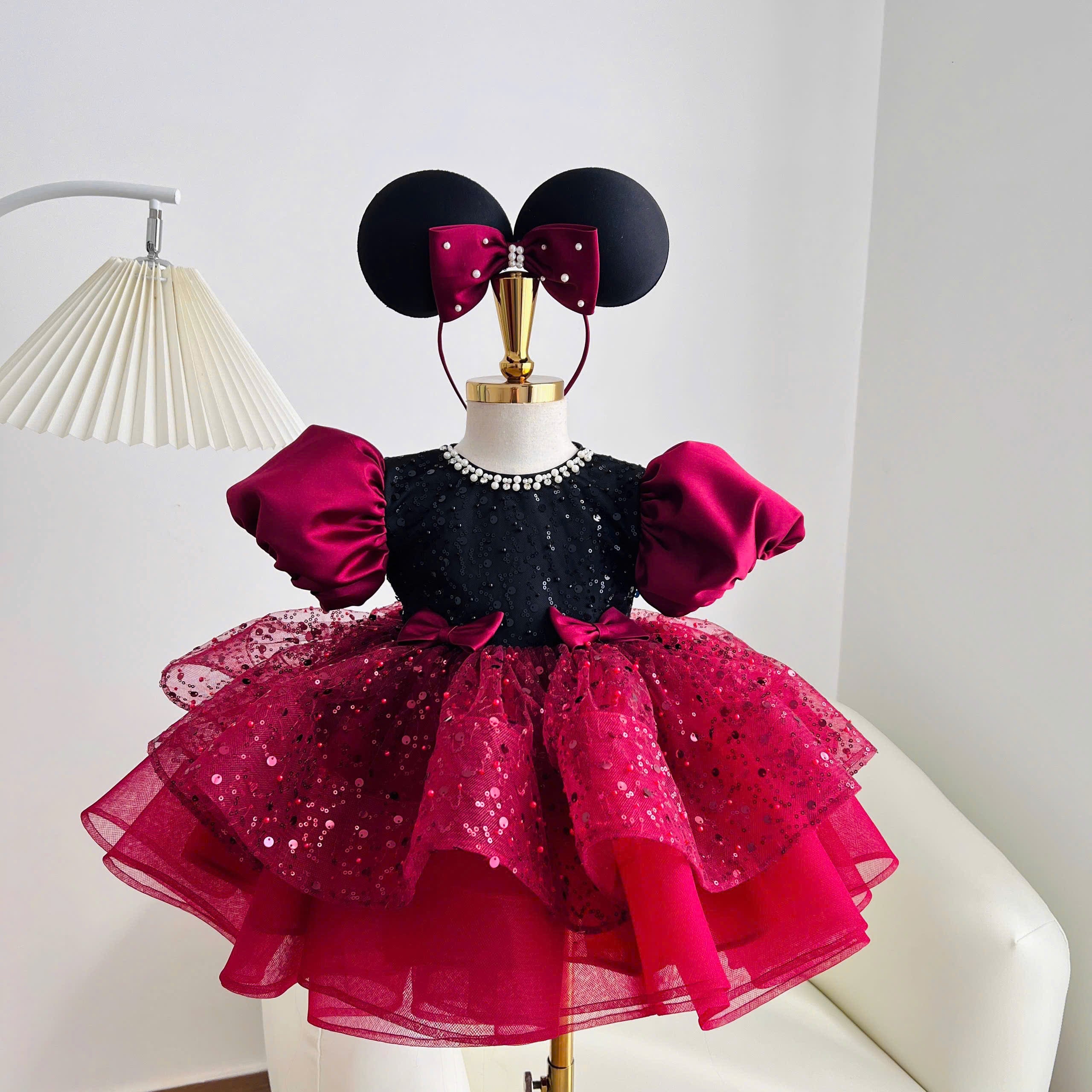 Minnie Inspired Tutu Dress (1–6Y) | Red Burgundy Birthday Outfit with Mouse Ears | Cake Smash Party Dress