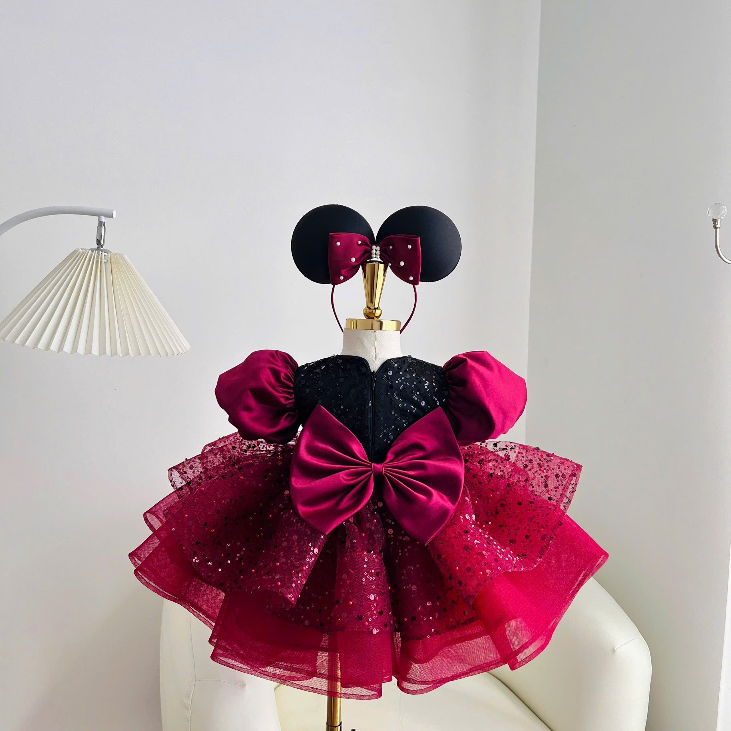Minnie Inspired Tutu Dress (1–6Y) | Red Burgundy Birthday Outfit with Mouse Ears | Cake Smash Party Dress