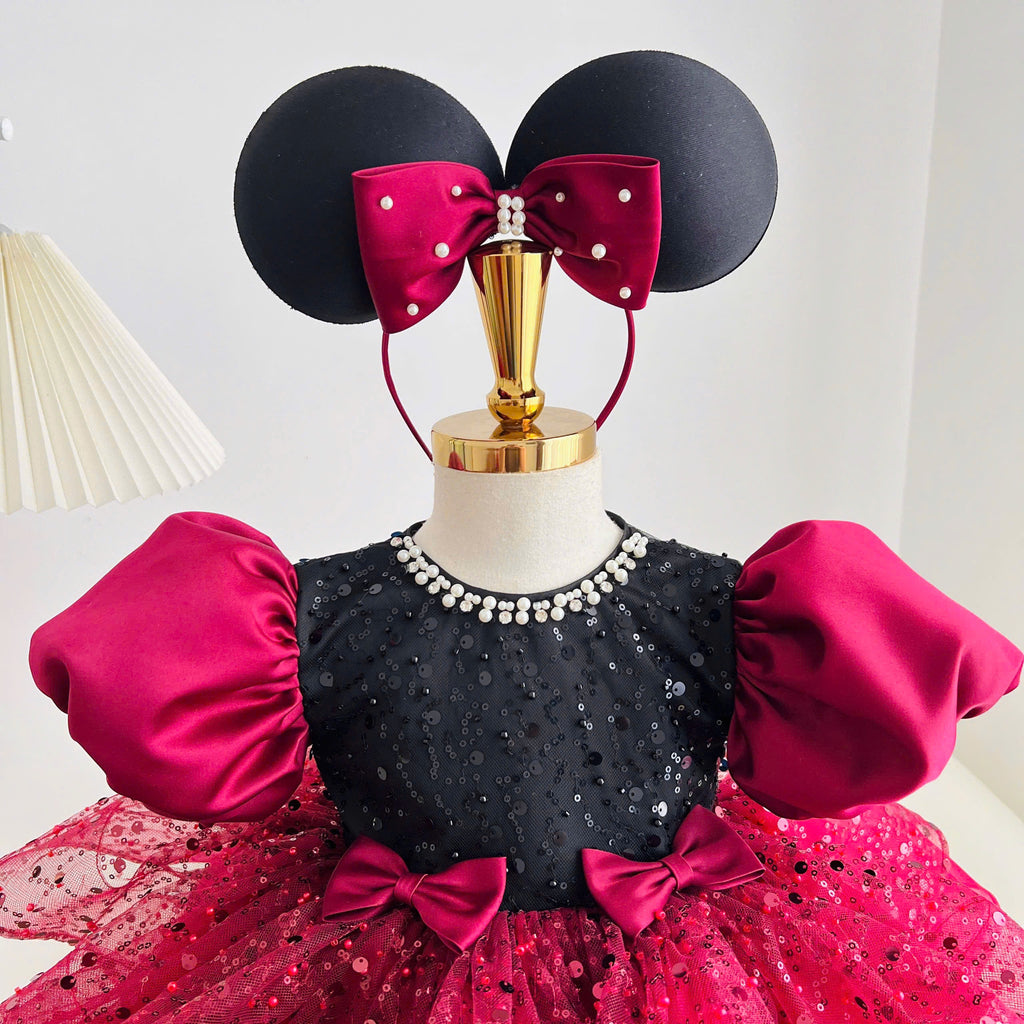 Minnie Inspired Tutu Dress (1–6Y) | Red Burgundy Birthday Outfit with Mouse Ears | Cake Smash Party Dress