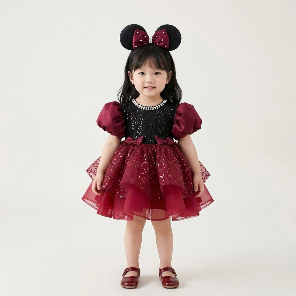 Minnie Inspired Tutu Dress (1–6Y) | Red Burgundy Birthday Outfit with Mouse Ears | Cake Smash Party Dress