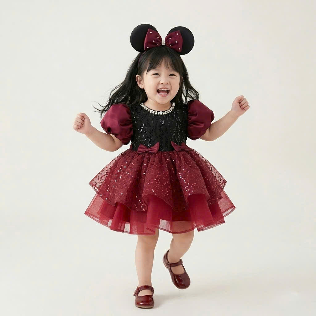 Minnie Inspired Tutu Dress (1–6Y) | Red Burgundy Birthday Outfit with Mouse Ears | Cake Smash Party Dress