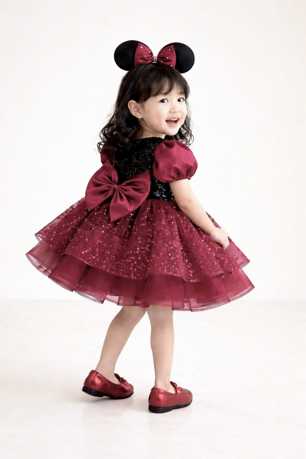 Minnie Inspired Tutu Dress (1–6Y) | Red Burgundy Birthday Outfit with Mouse Ears | Cake Smash Party Dress