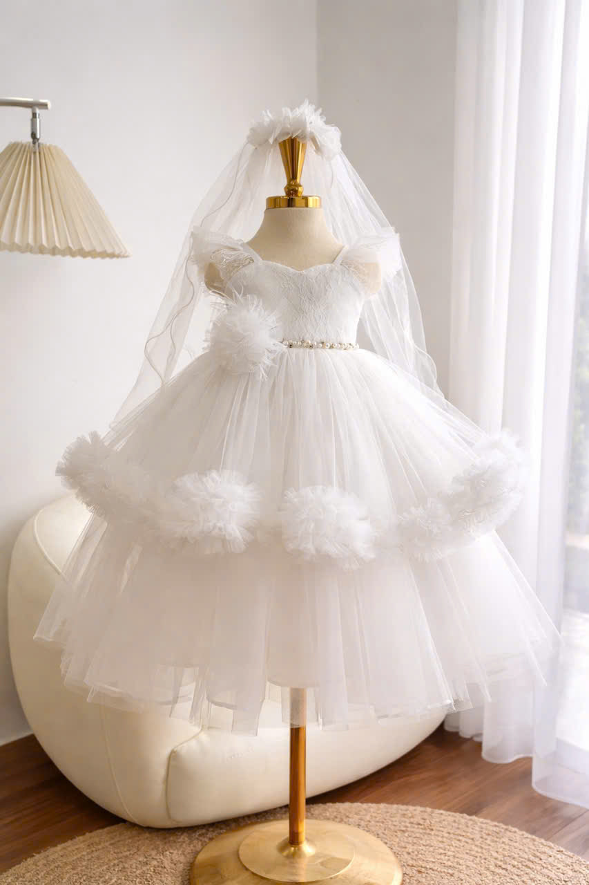 White Flower Girl Dress 2-in-1 | Baby Girl Birthday Dress with Removable Skirt | Baptism Christening Gown | Wedding Party Dress 9M–6Y