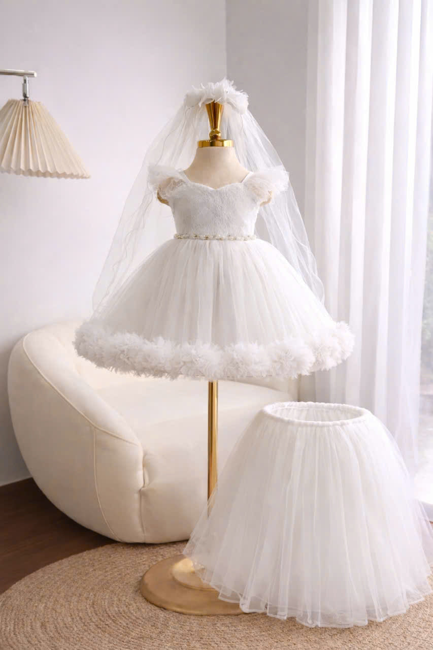 White Flower Girl Dress 2-in-1 | Baby Girl Birthday Dress with Removable Skirt | Baptism Christening Gown | Wedding Party Dress 9M–6Y