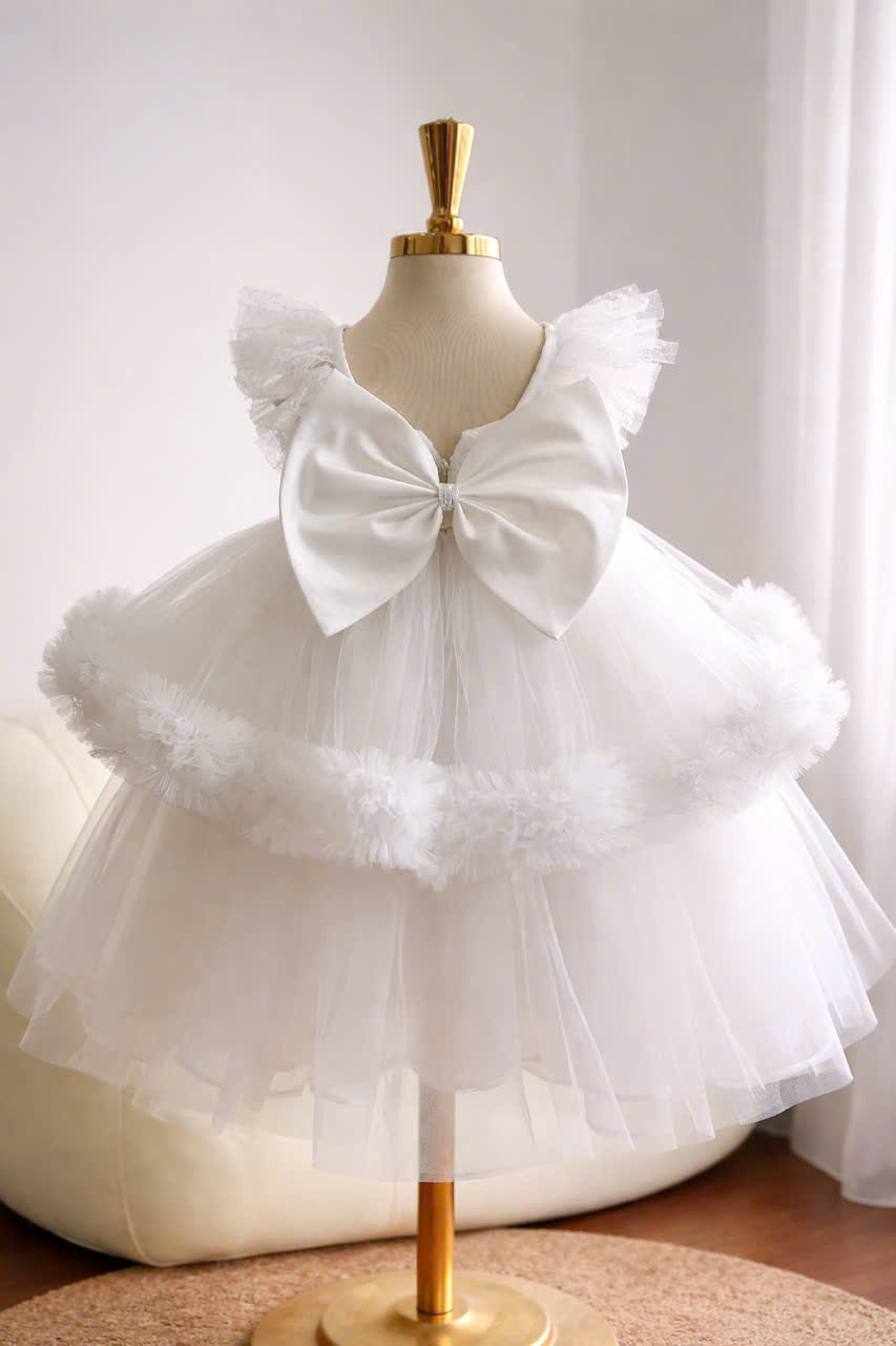 White Flower Girl Dress 2-in-1 | Baby Girl Birthday Dress with Removable Skirt | Baptism Christening Gown | Wedding Party Dress 9M–6Y
