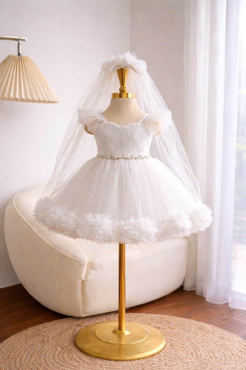 White Flower Girl Dress 2-in-1 | Baby Girl Birthday Dress with Removable Skirt | Baptism Christening Gown | Wedding Party Dress 9M–6Y