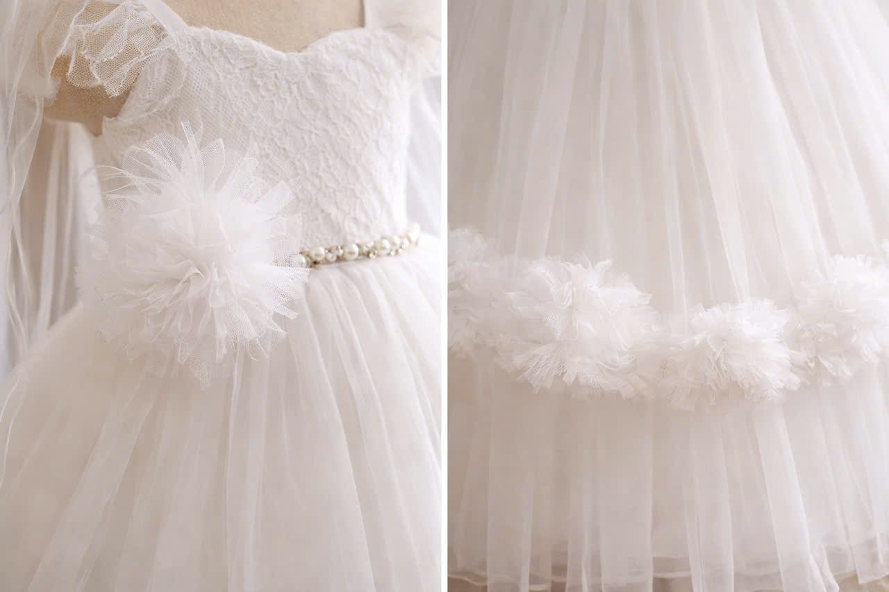 White Flower Girl Dress 2-in-1 | Baby Girl Birthday Dress with Removable Skirt | Baptism Christening Gown | Wedding Party Dress 9M–6Y