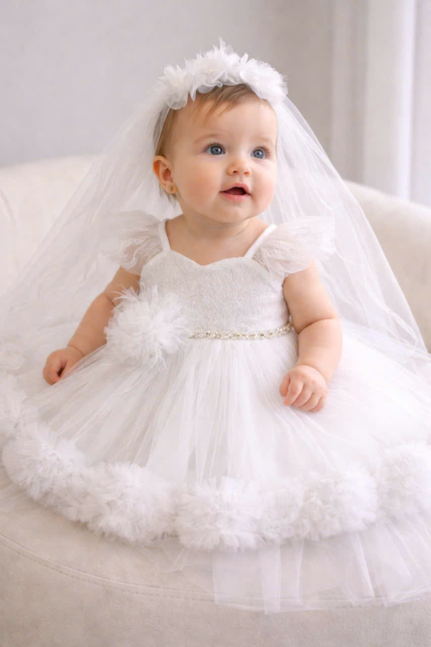 White Flower Girl Dress 2-in-1 | Baby Girl Birthday Dress with Removable Skirt | Baptism Christening Gown | Wedding Party Dress 9M–6Y