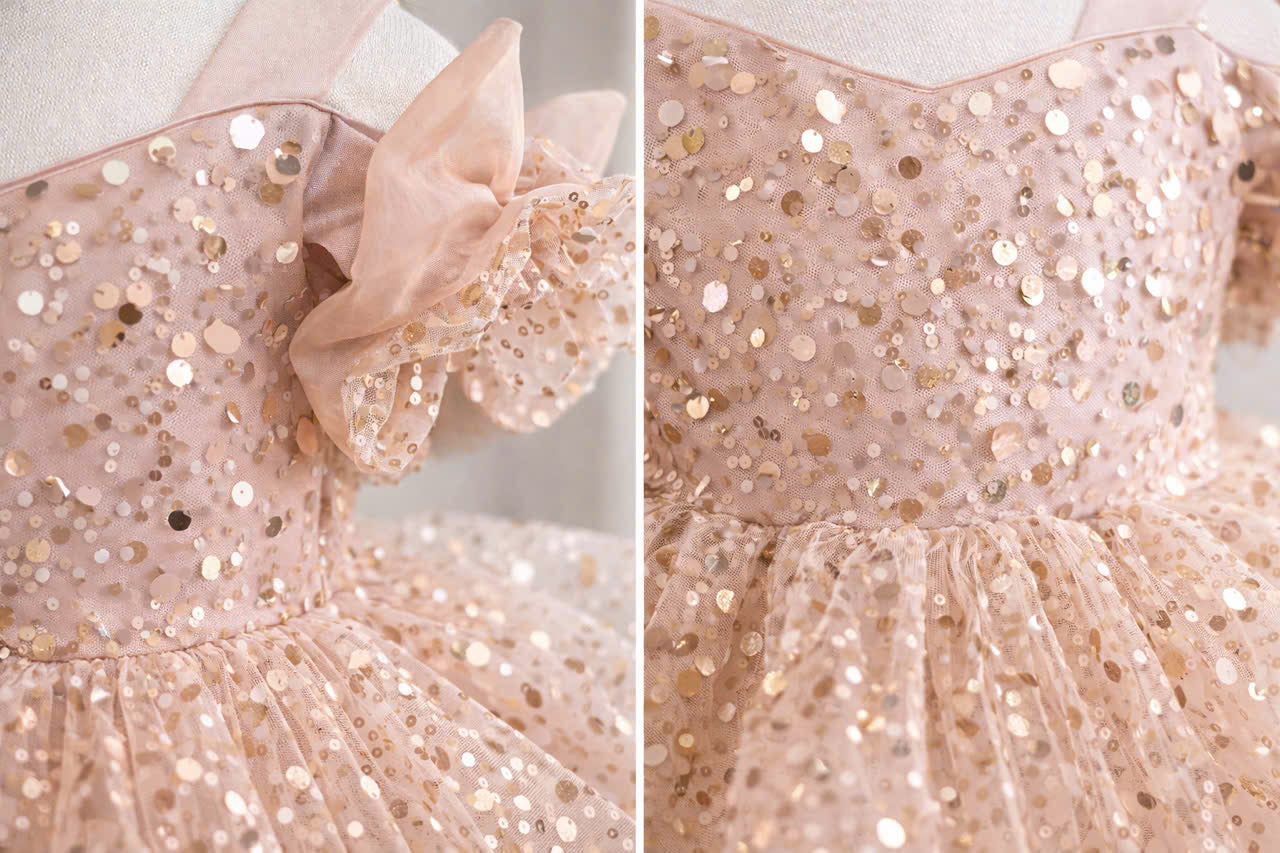 Princess Blush Pink & Champagne Gold Flower Girl Dress, Sequin Tulle Princess Dress for Baby Girl, 1st Birthday Outfit, Wedding Party Dress