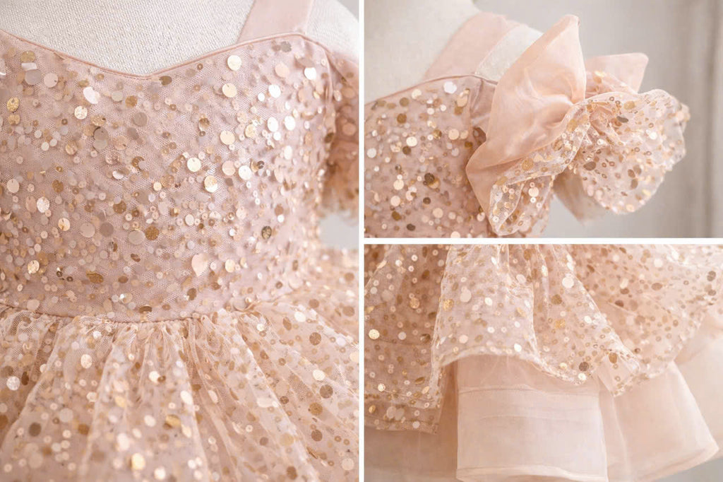 Princess Blush Pink & Champagne Gold Flower Girl Dress, Sequin Tulle Princess Dress for Baby Girl, 1st Birthday Outfit, Wedding Party Dress