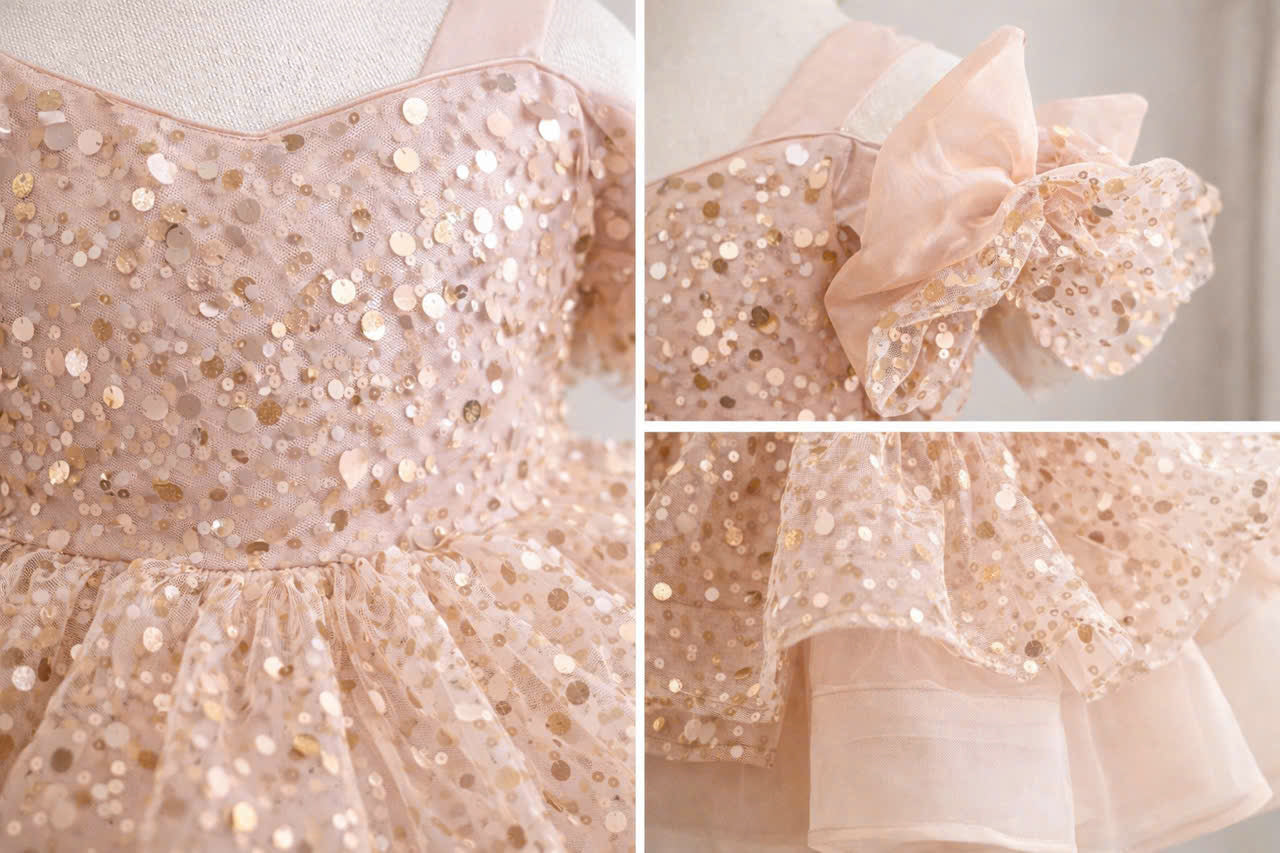 Princess Blush Pink & Champagne Gold Flower Girl Dress, Sequin Tulle Princess Dress for Baby Girl, 1st Birthday Outfit, Wedding Party Dress